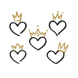 May include: Five black heart shapes, each topped with a gold crown, are arranged on a white background. The crowns vary in design, with some featuring simple lines and others more ornate details. The image has a clean, minimalist aesthetic.