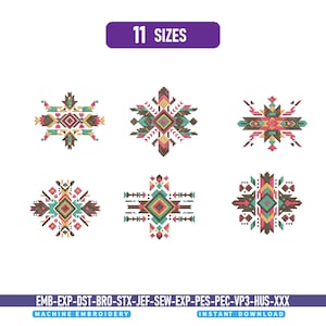 Könnte beinhalten: Sechs verschiedene geometrische Stickmuster mit symmetrischen Mustern in Petrol, Pink, Gelb und Braun. Das Bild enthält den Text 11 SIZES oben und EMB-EXP-DST-BRO-STX-JEF-SEW-EXP-PES-PEC-VP3-HUS-XXX MACHINE EMBROIDERY INSTANT DOWNLOAD am unteren Rand.