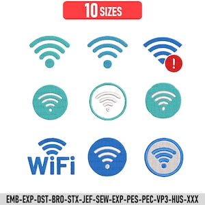 May include: A collection of nine embroidered Wi-Fi signal icons in various blue and teal shades, including circular designs and one with a red exclamation point. The text 10 SIZES appears at the top, and file formats are listed at the bottom.
