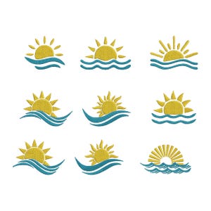 May include: A collection of nine embroidered designs featuring a yellow sun rising over blue waves. The suns have various ray patterns, and the waves vary in shape. The designs are on a white background.