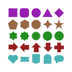 May include: A collection of embroidered shapes in various colors and designs. Includes squares, circles, triangles, stars, arrows, and speech bubbles. The shapes are in shades of purple, brown, green, red, and teal.