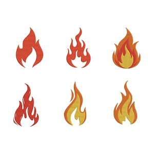 Puede incluir: Seis diseños de fuego bordados en tonos rojos, naranjas y amarillos. Las llamas varían en forma y tamaño, con puntadas detalladas que crean una apariencia texturizada. Los diseños están sobre un fondo blanco.
