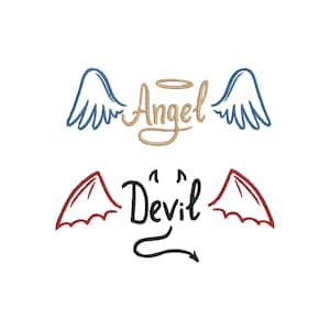 May include: A white background features two designs: "Angel" with blue wings and a gold halo, and "Devil" with red wings and a black tail. The word "Angel" is in gold script, and "Devil" is in black script.