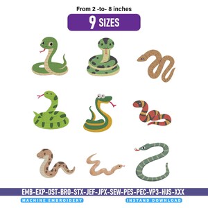 May include: A digital collection of nine snake embroidery designs in various colours and patterns, including green, brown, and red-striped snakes. The text reads From 2-to-8 inches, 9 SIZES, and a list of file formats: EMB-EXP-DST-BRO-STX-JEF-JPX-SEW-PES-PEC-VP3-HUS-XXX.