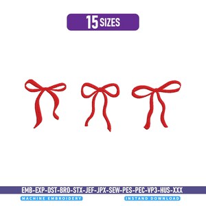 Puede incluir: Tres diseños de lazos rojos para bordado a máquina dispuestos horizontalmente. El texto superior dice 15 SIZES. El texto inferior enumera formatos de archivo: EMB-EXP-DST-BRO-STX-JEF-JPX-SEW-PES-PEC-VP3-HUS-XXX, MACHINE EMBROIDERY, INSTANT DOWNLOAD.