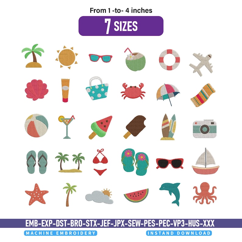 Mini Summer Embroidery Designs Bundle: Beach Machine Embroidery Files ...
