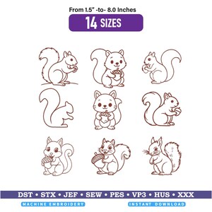 May include: A collection of eight brown line art illustrations of squirrels, some holding acorns. The text reads From 1.5"-to- 8.0 Inches, 14 SIZES, MACHINE EMBROIDERY, INSTANT DOWNLOAD, and file formats DST, STX, JEF, SEW, PES, VP3, HUS, XXX.