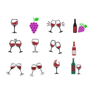 Pode incluir: Coleção de ilustrações com tema de vinho em fundo branco. Inclui taças de vinho, garrafas e um cacho de uvas. As taças estão cheias de vinho tinto, algumas brindando.