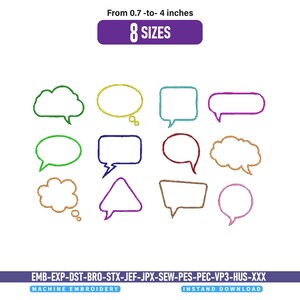 Puede incluir: Una colección de doce diseños de burbujas de diálogo para bordado a máquina en varias formas, incluyendo nubes, círculos, cuadrados y triángulos. El texto dice From 0.7 -to- 4 inches, 8 SIZES, y EMB-EXP-DST-BRO-STX-JEF-JPX-SEW-PES-PEC-VP3-HUS-XXX.