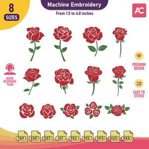 Diseño de bordado de rosa, diseño de bordado de mini rosa, diseño de bordado floral, patrón de bordado de flor roja, archivos PES de rosa, 8 tamaños
