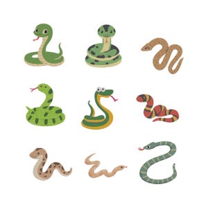 May include: Nine colorful cartoon snakes in various poses against a white background. The snakes are in shades of green, brown, yellow, and red, with some featuring spots or stripes. Each snake has a playful expression.