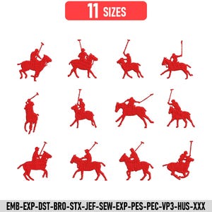Op de afbeelding: Een verzameling van twaalf rode borduurontwerpen voor machines met polospelers te paard in verschillende houdingen. Bovenaan de afbeelding staat de tekst 11 SIZES in een rood kader en onderaan staan de bestandsformaten: EMB-EXP-DST-BRO-STX-JEF-SEW-EXP-PES-PEC-VP3-HUS-XXX.