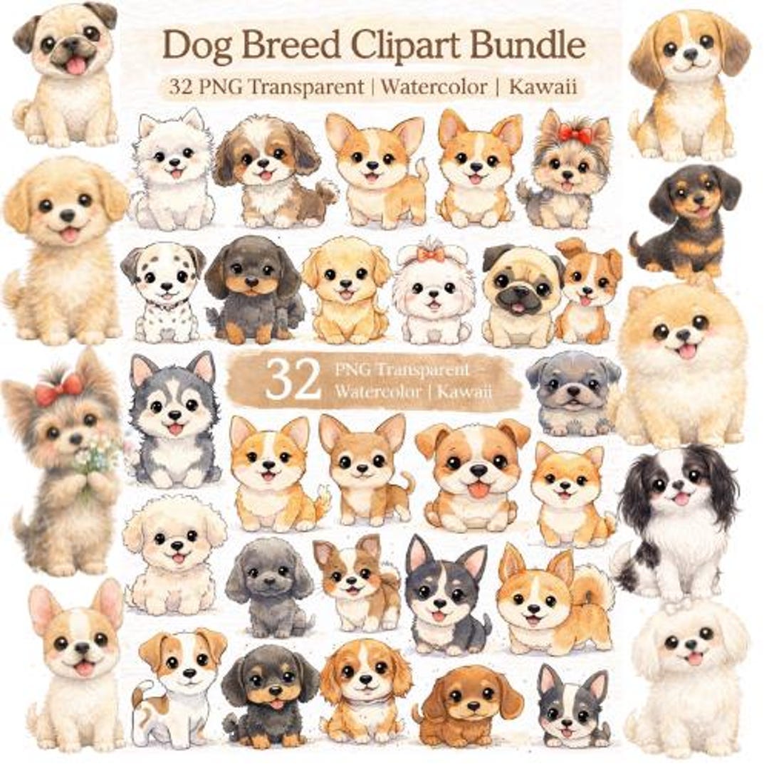 Watercolor Dog Clipart Bundle, Kawaii Puppy PNG, Commercial Use (32 ...