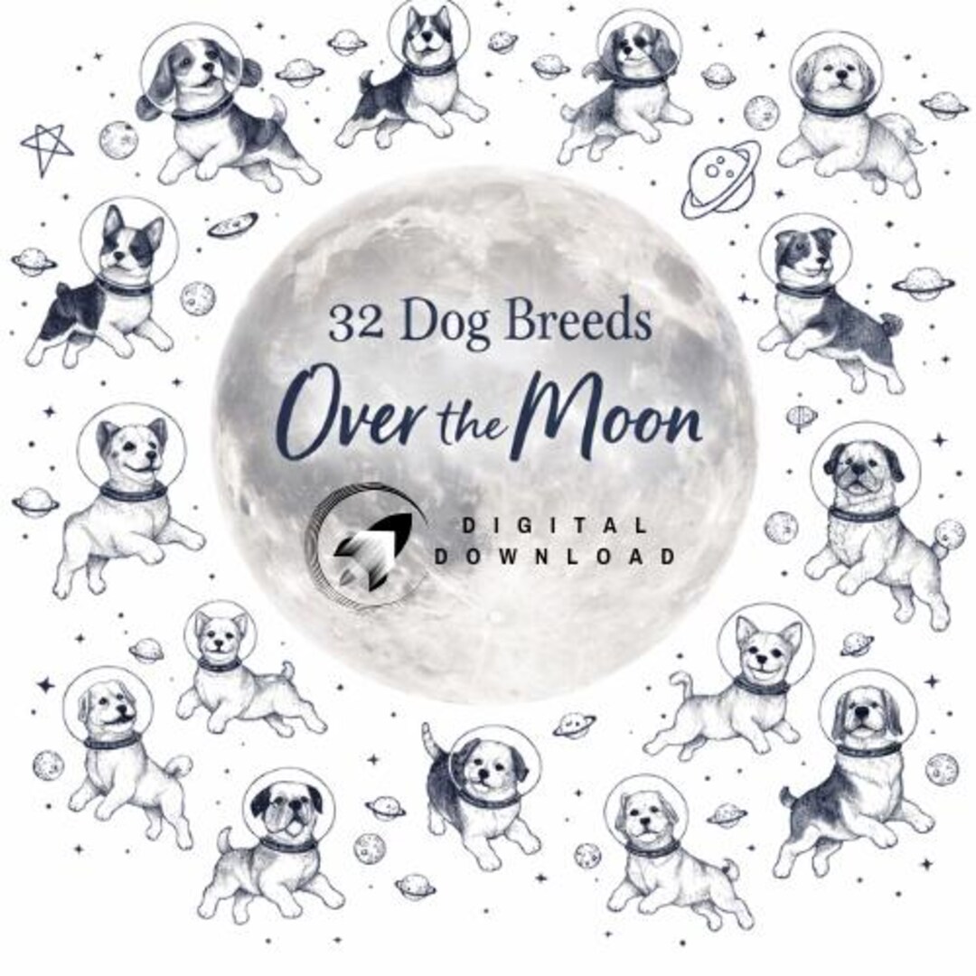 Astronaut Dog Breeds Clipart Bundle, Vintage Space Puppy Illustrations ...