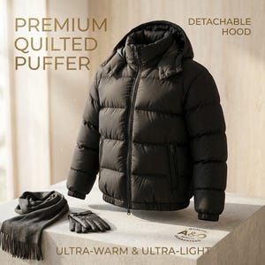 Black Quilted Puffer Jacket | Detachable Hood, Ripstop Fabric (Winter Essential) Christmas Gift