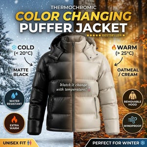 May include: A thermochromic puffer jacket that transitions from matte black in cold temperatures below 20°C to oatmeal cream in warm temperatures above 25°C. The jacket features a full-length front zipper, a removable hood, and side pockets.