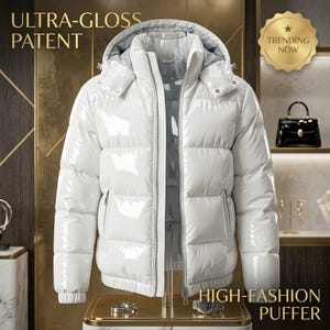 Può includere: Un piumino bianco in vernice ultra-lucida con cappuccio, chiusura frontale con zip integrale e due tasche laterali con zip. La giacca presenta pannelli trapuntati orizzontali e un colletto alto. Testo sull'immagine: ULTRA-GLOSS PATENT e HIGH-FASHION PUFFER.