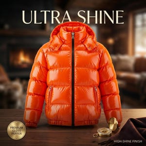 Può includere: Un piumino arancione brillante con finitura lucida, cappuccio e cerniera frontale nera. Il testo ULTRA SHINE è visualizzato sopra la giacca, mentre un badge circolare dorato riporta PREMIUM GLOSS PUFFER e HIGH-SHINE FINISH in basso.
