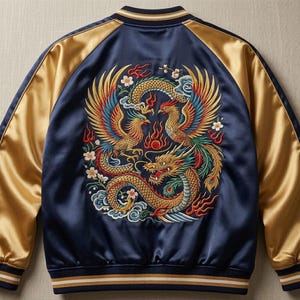 Op de afbeelding: Een marineblauw satijnen bomberjack met gouden mouwen en een geribbelde kraag en zoom. De achterkant is voorzien van een groot, gedetailleerd borduursel van een gouden draak en een feniks, omringd door kleine witte bloemen, rode vlammen en wolken.