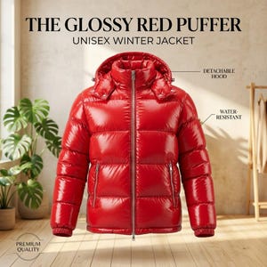 Glänzende, leuchtend rote Steppjacke, Wintermantel mit abnehmbarer Kapuze, warmes Weihnachtsgeschenk für Damen und Herren