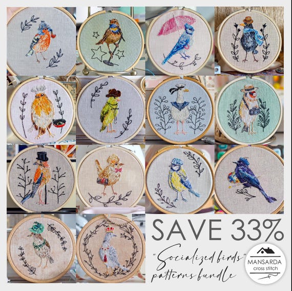 BUNDLE 14 Funny Birds Quirky Embroidery Chart Set, Cross Stitch Pattern PDF, Whimsical Animal Needlepoint Collection, Saga