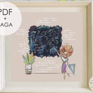 May include: A framed cross stitch pattern featuring a person with a large bun hairstyle standing before a dark chalkboard covered in white mathematical equations. A potted plant with patterned leaves sits nearby against a light beige brick wall.