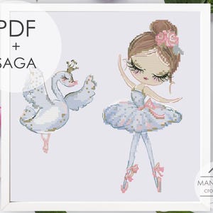 May include: A framed cross-stitch pattern featuring a ballerina and a swan. The ballerina wears a light blue tutu with a pink bow. The swan is white with a gold crown. The text "PDF + SAGA" is in the upper left corner.