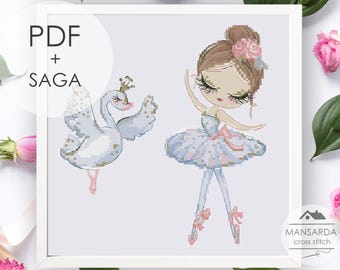 白鳥のバレリーナ少女パステルフェアリーテイルニードルワーク、クロスステッチパターンPDF、プリンセスバレエフープアート、クレイニクサーガ