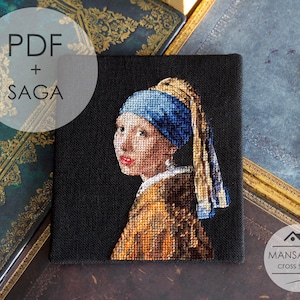 Vermeer flicka pärlörhänge konstporträtt, korsstygnsmönster PDF, broderidiagram för klassiska mästerverk, sagafil
