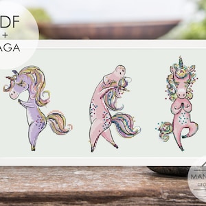 May include: A framed cross-stitch pattern featuring three whimsical unicorns in various yoga poses. The unicorns are pink and purple with colorful manes and tails. The frame is white, and the image includes the text "PDF + SAGA" and "MANSARDA cross stitch."