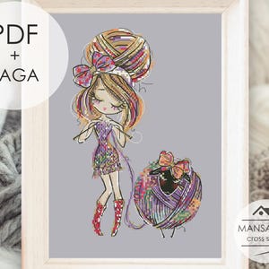 May include: A framed illustration of a cartoon woman knitting, with a large ball of yarn on her head and another beside her. The woman wears a colorful dress and red boots. The text "PDF + SAGA" is in a white circle in the upper left.