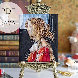Botticelli Ung kvinna I Renässanskonst, Korsstygnsmönster PDF, Broderidiagram för klassiska mästerverk, Pärlsagan