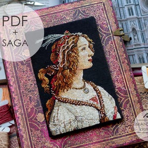 May include: A cross-stitch portrait of a woman in profile, featuring intricate details and warm colors. The artwork is displayed on a decorative book with ornate gold and purple patterns. Text on the image reads "PDF + SAGA" and "MANSARDA cross stitch".