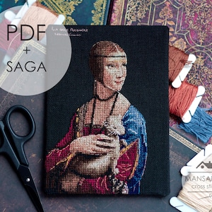 May include: A cross-stitch portrait of a woman holding a cat, rendered in shades of red, blue, and brown. The artwork is on black fabric, with spools of thread and scissors nearby. The text "PDF + SAGA" is overlaid on the image.