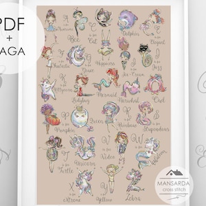 May include: A framed print displaying an alphabet with charming illustrations. Each letter is accompanied by a word and a related drawing, like "A is for Awesome" and "B is for Bee." The artwork is in a soft watercolor style with pastel colours.