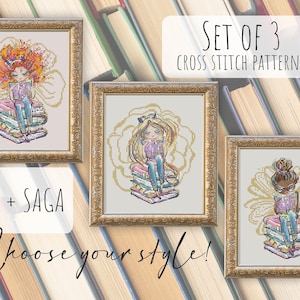 May include: Three framed cross stitch patterns featuring illustrations of characters reading while sitting on stacks of books. The text reads SET OF 3 CROSS STITCH PATTERNS, PDF + SAGA, and Choose your style. Each pattern shows a different character.