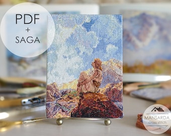 マックスフィールド・パリッシュの朝のファインアート刺繍図案、クロスステッチパターンPDF、夢のような山の風景の刺繍、モダンクロスステッチサーガ