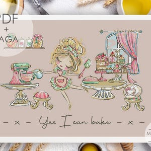 Pode incluir: Ilustração emoldurada de uma padeira de desenho animado numa cozinha, com uma batedeira rosa e verde, bolos e o texto "Yes I can bake". A obra de arte apresenta um estilo fantasioso com cores suaves e elementos decorativos.