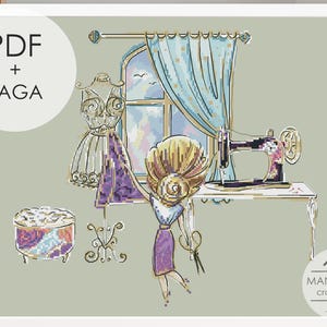 Vintage Sewing Room Scene Mon Atelier Cross Stitch Pattern PDF, Cute Dressmaker Embroidery Chart, Antique Mannequin Craft Wall Decor, Saga