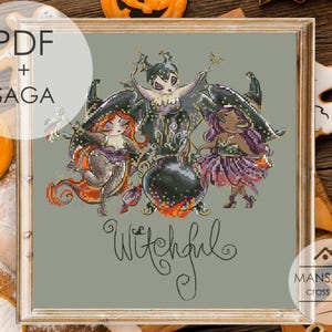 May include: A framed cross-stitch design featuring three cartoon witches around a cauldron. The design includes the word "Witchful" in cursive. The frame is surrounded by Halloween-themed decorations, including pumpkins and gingerbread cookies.