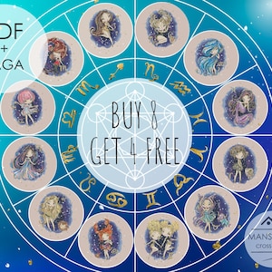 May include: A digital art print showcasing a zodiac wheel design with twelve cartoon character illustrations, each representing a sign. The image includes the text "BUY 8 GET 4 FREE" and "PDF + SAGA".