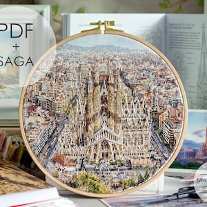 Barcelona Sagrada Familia Gaudi Architecture, Cross Stitch Pattern PDF, Spain Landmark Cityscape Embroidery Chart, Aerial View Design, Saga