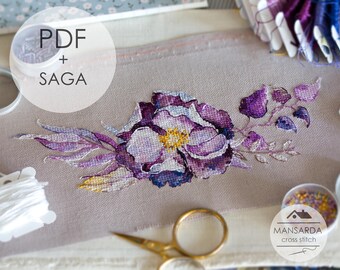 水彩画風パープルブーケ刺繍図案、花柄ニードルワーククロスステッチパターンPDF、パステル植物デザイン、春の花、サガ