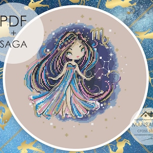 May include: A cross-stitch pattern featuring a cartoon illustration of a Virgo zodiac sign. The design includes a girl with long, colorful hair and a flowing dress, set against a starry background. The image includes the text "PDF + SAGA" and the "Mansarda cross stitch" logo.