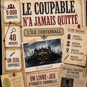 以下が含まれることがあります： 「Le Coupable N'a Jamais Quitté L'île Corvenhall」と題された犯罪捜査ゲームの資料。テキスト、島にある暗い屋敷の中央画像、指紋、コンパス、万年筆が、質感のある紙の背景に配置されています。
