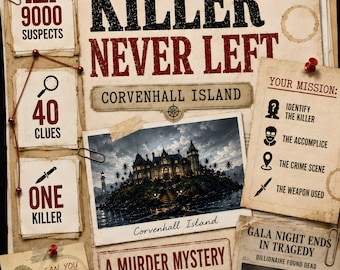 Jogo de Mistério de Assassinato para Imprimir: O Assassino Nunca Deixou a Ilha Corvenhall — Livro de Quebra-Cabeças de Lógica e Eliminação, 9.000 Suspeitos, 40 Pistas, Download em PDF