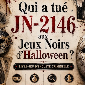 May include: A criminal investigation game titled Qui a tué JN-2146 aux Jeux Noirs d'Halloween? featuring a black and white mask, a blood-splattered background, a confidential file, a magnifying glass, and icons representing participants, prizes, and clues.