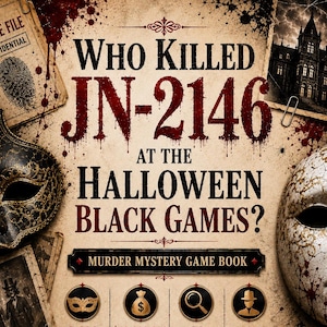 May include: A murder mystery game book titled Who Killed JN-2146 At The Halloween Black Games? The cover features a black and white mask, blood splatters, case files, a magnifying glass, and text detailing 3,690 participants and 20 clues.