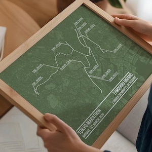 Könnte beinhalten: Ein gerahmter Druck mit grünem Hintergrund, der eine weiße Karte einer Marathonstrecke zeigt. Der Text "TOKYO MARATHON" und "TOMOHIRO HIRANO" sind sichtbar, zusammen mit Datum und Uhrzeit. Der Rahmen ist aus hellem Holz.