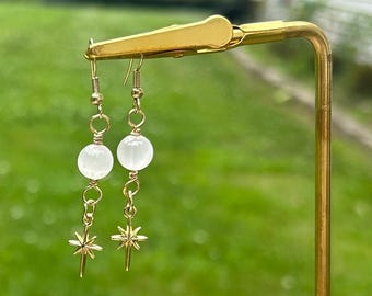 Gold North Star Selenite Crystal Drop Earrings – Celestial Minimalist Jewelry